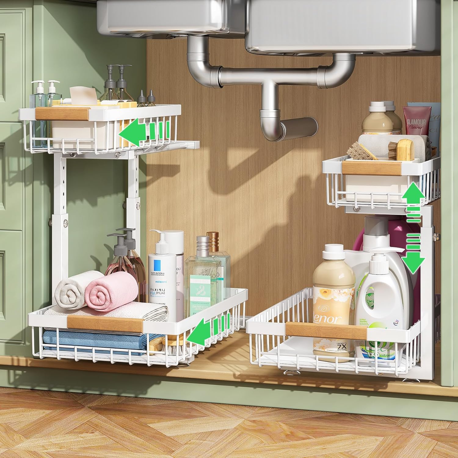Set 2 pcs - 2-Tier Kitchen Under Sink Organiser Storage with Height Adjustable, Unique Slide Rail & Suction Cups for Storage
